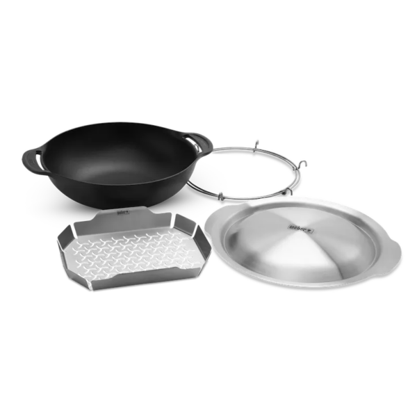 Cast iron wok and steamer set suited towards weber BBQs to stir fry and steam food.