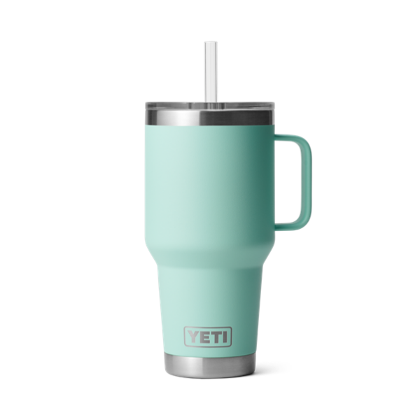 Double wall insulated mugs featuring a straw lid to keep beverages cold.